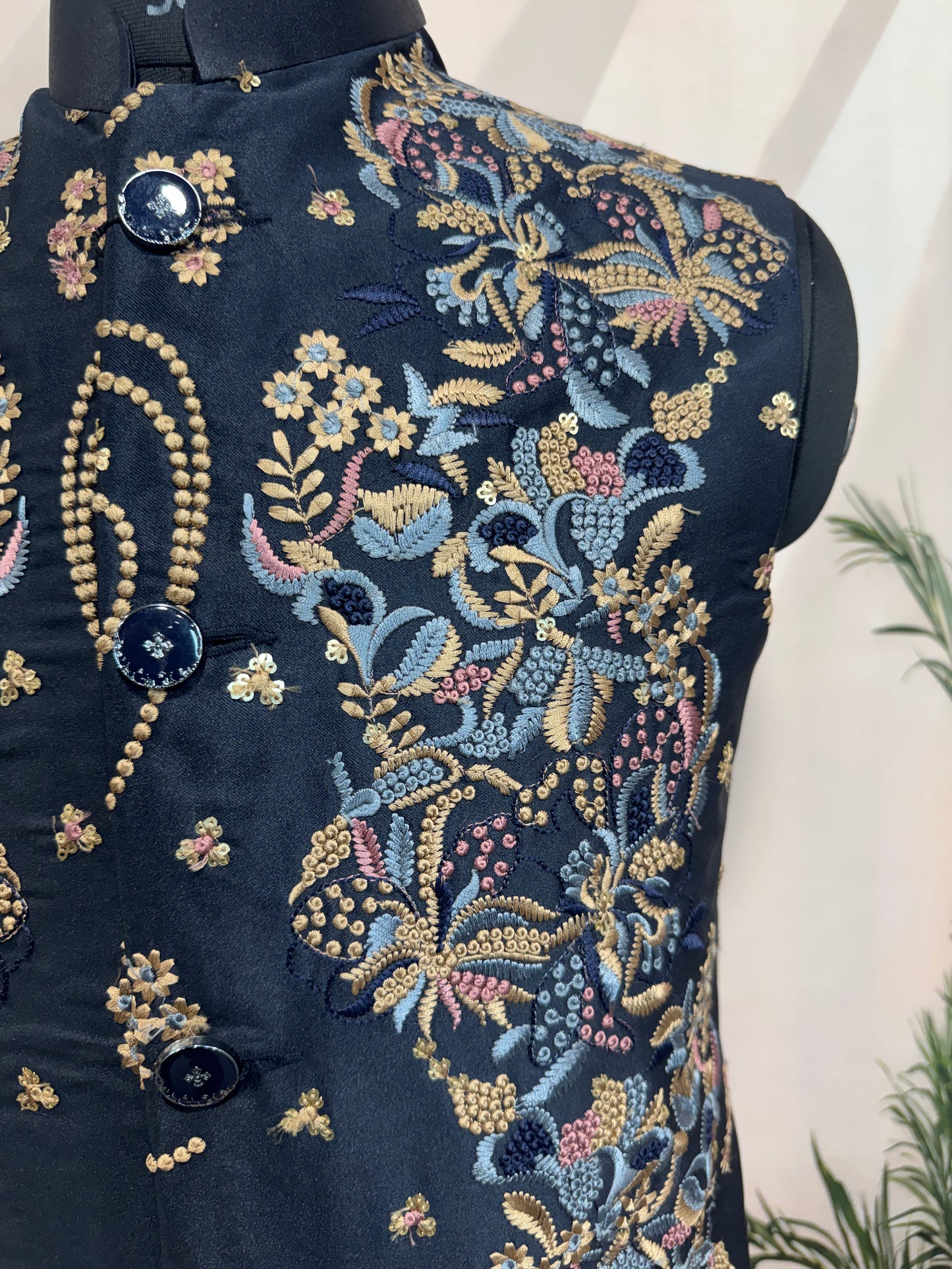 Premium Midnight Blue Embroidered Men's Koti | Heavy Floral Nehru Jacket