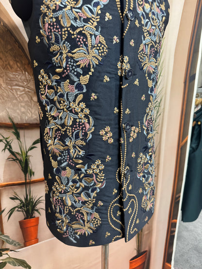 Premium Midnight Blue Embroidered Men's Koti | Heavy Floral Nehru Jacket