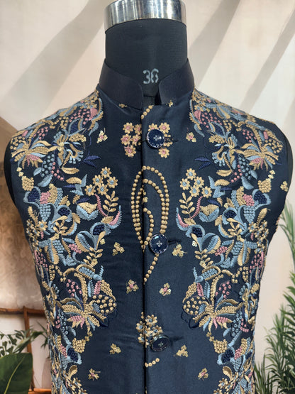 Premium Midnight Blue Embroidered Men's Koti | Heavy Floral Nehru Jacket