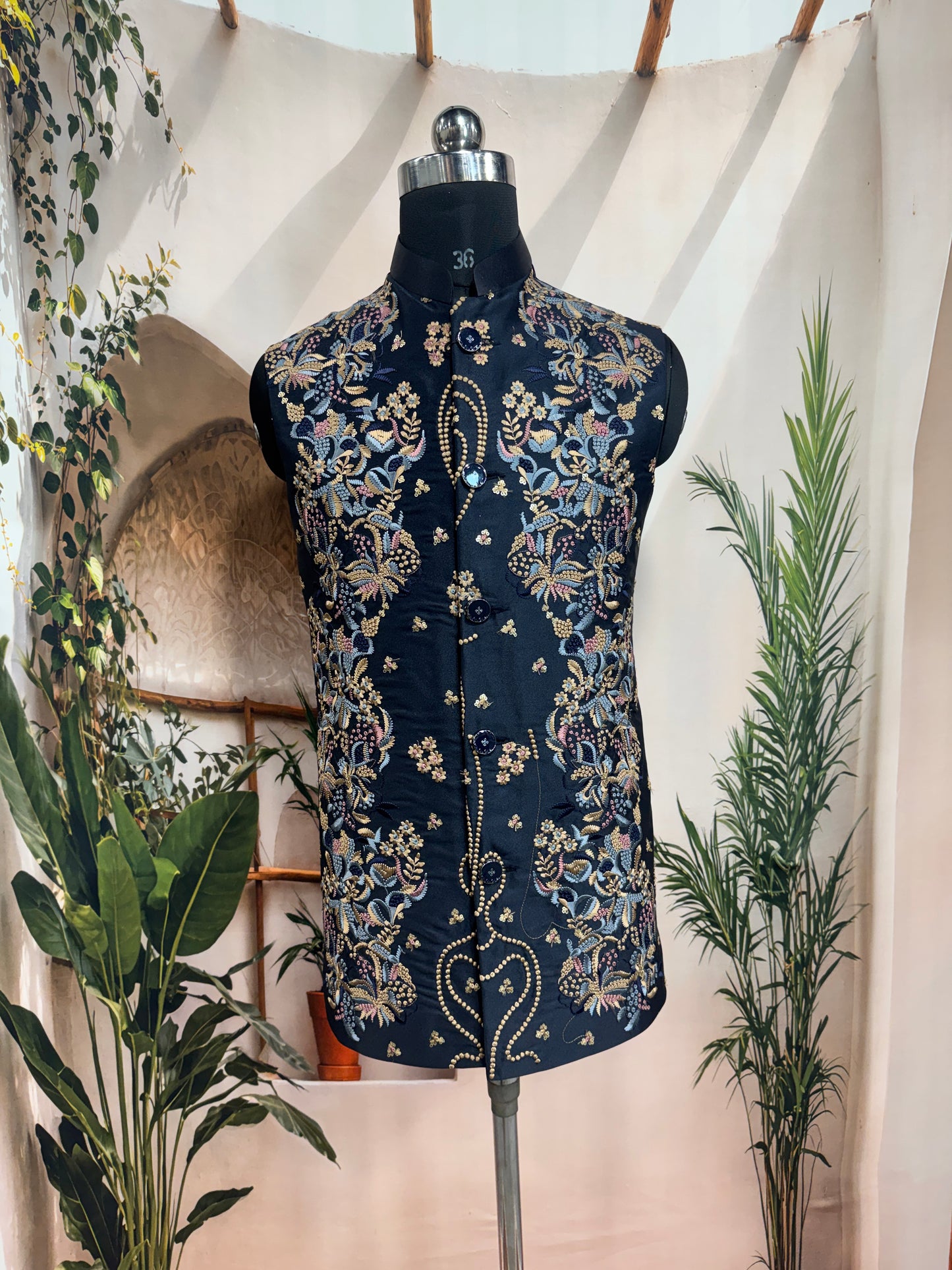 Premium Midnight Blue Embroidered Men's Koti | Heavy Floral Nehru Jacket