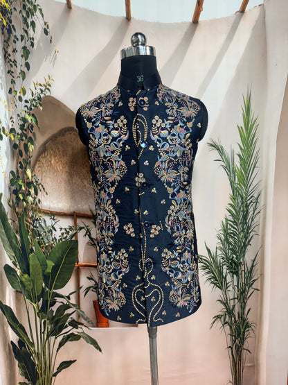 Premium Midnight Blue Embroidered Men's Koti | Heavy Floral Nehru Jacket