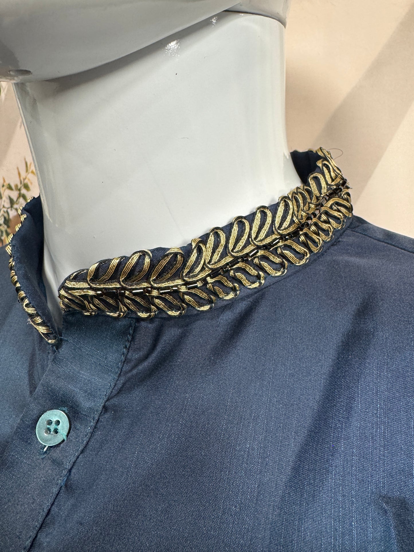 Deep Navy Blue Men's Kurta | Gold Embroidered Palm Tree Motif