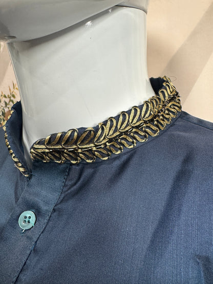 Deep Navy Blue Men's Kurta | Gold Embroidered Palm Tree Motif