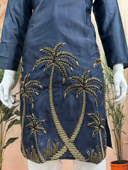 Deep Navy Blue Men's Kurta | Gold Embroidered Palm Tree Motif