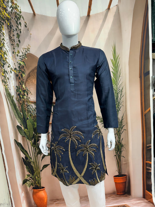 Deep Navy Blue Men's Kurta | Gold Embroidered Palm Tree Motif