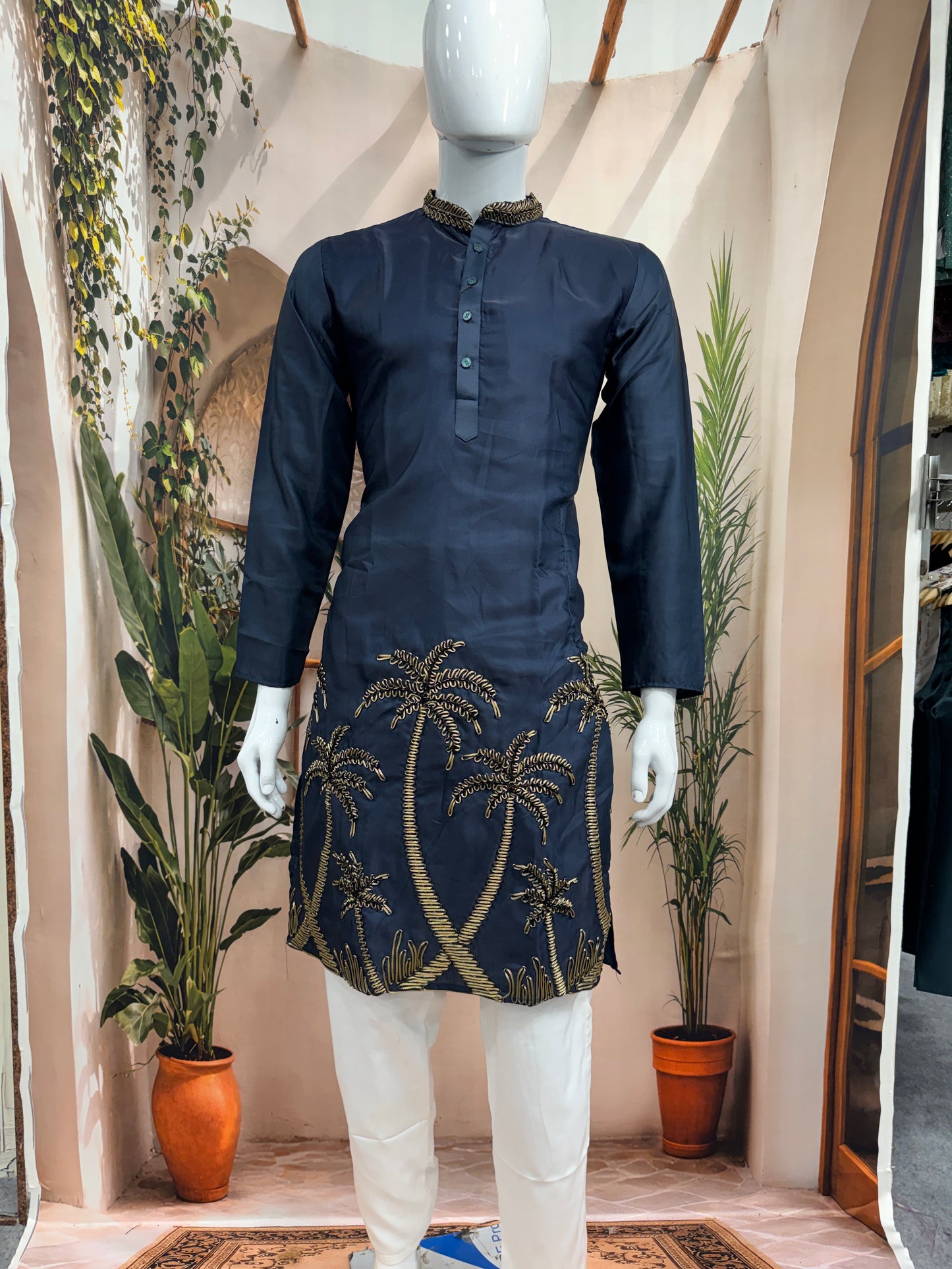 Deep Navy Blue Men's Kurta | Gold Embroidered Palm Tree Motif