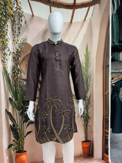 Rich Chocolate Brown Men's Kurta | Gold Embroidered Palm Tree Motif
