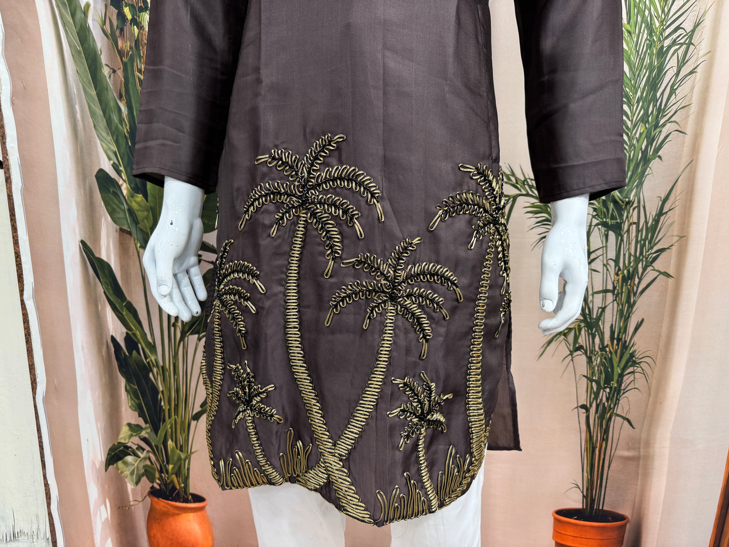 Rich Chocolate Brown Men's Kurta | Gold Embroidered Palm Tree Motif