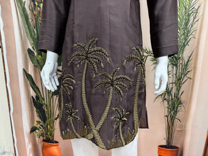 Rich Chocolate Brown Men's Kurta | Gold Embroidered Palm Tree Motif