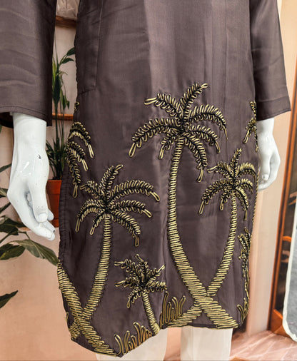 Rich Chocolate Brown Men's Kurta | Gold Embroidered Palm Tree Motif