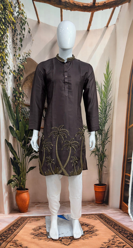 Rich Chocolate Brown Men's Kurta | Gold Embroidered Palm Tree Motif