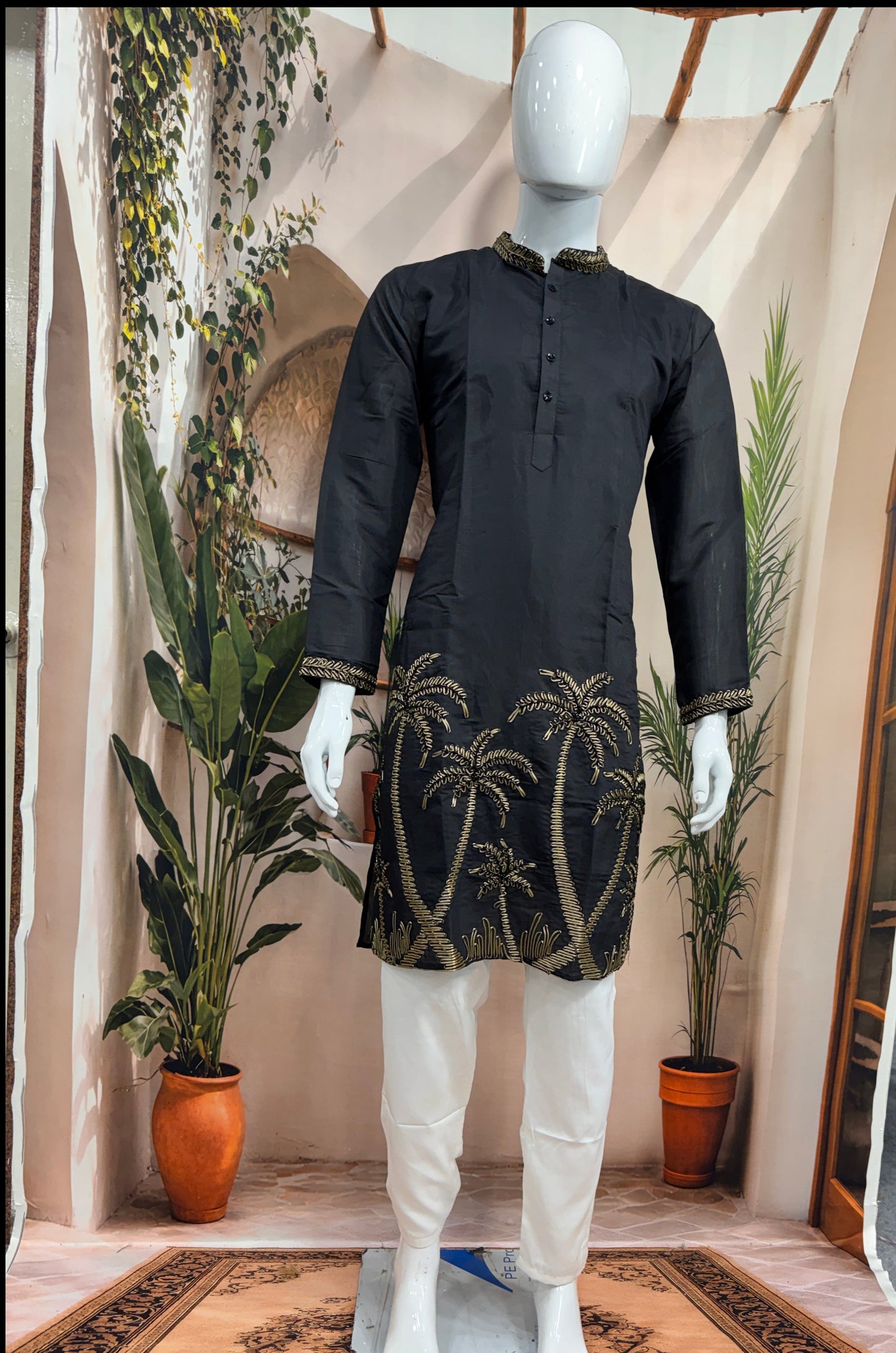 Classic Black Men's Kurta | Gold Embroidered Palm Tree Motif