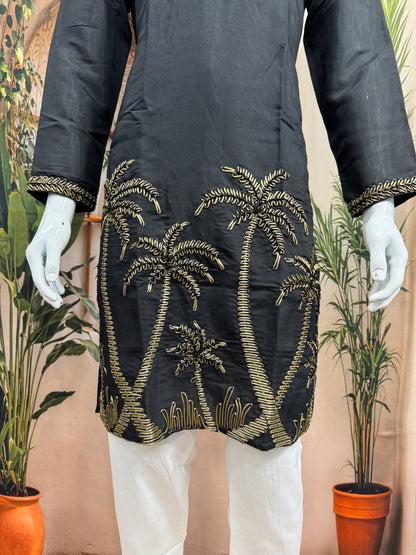 Classic Black Men's Kurta | Gold Embroidered Palm Tree Motif