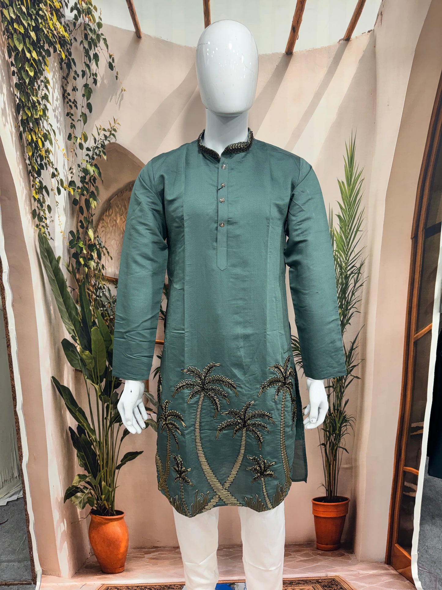 Premium Teal Green Men's Kurta | Embroidered Palm Tree Motif