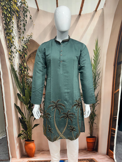 Premium Teal Green Men's Kurta | Embroidered Palm Tree Motif