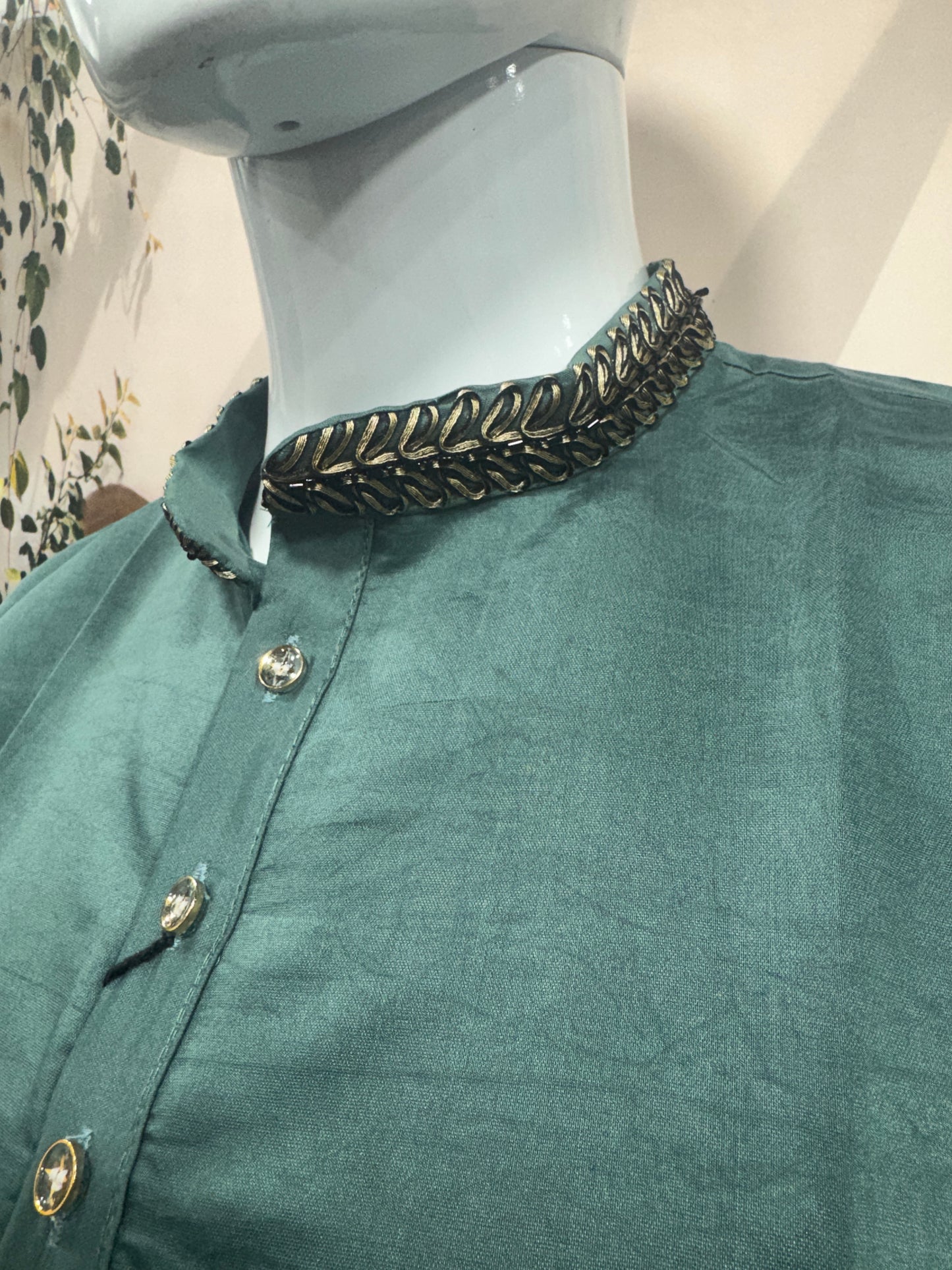 Premium Teal Green Men's Kurta | Embroidered Palm Tree Motif