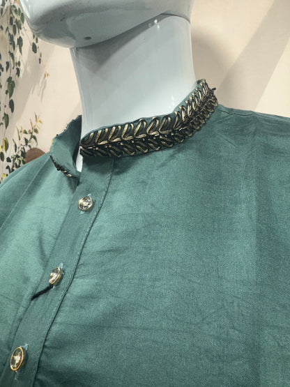 Premium Teal Green Men's Kurta | Embroidered Palm Tree Motif