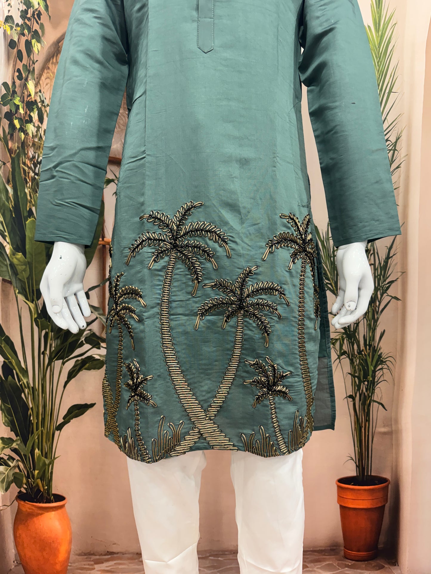 Premium Teal Green Men's Kurta | Embroidered Palm Tree Motif