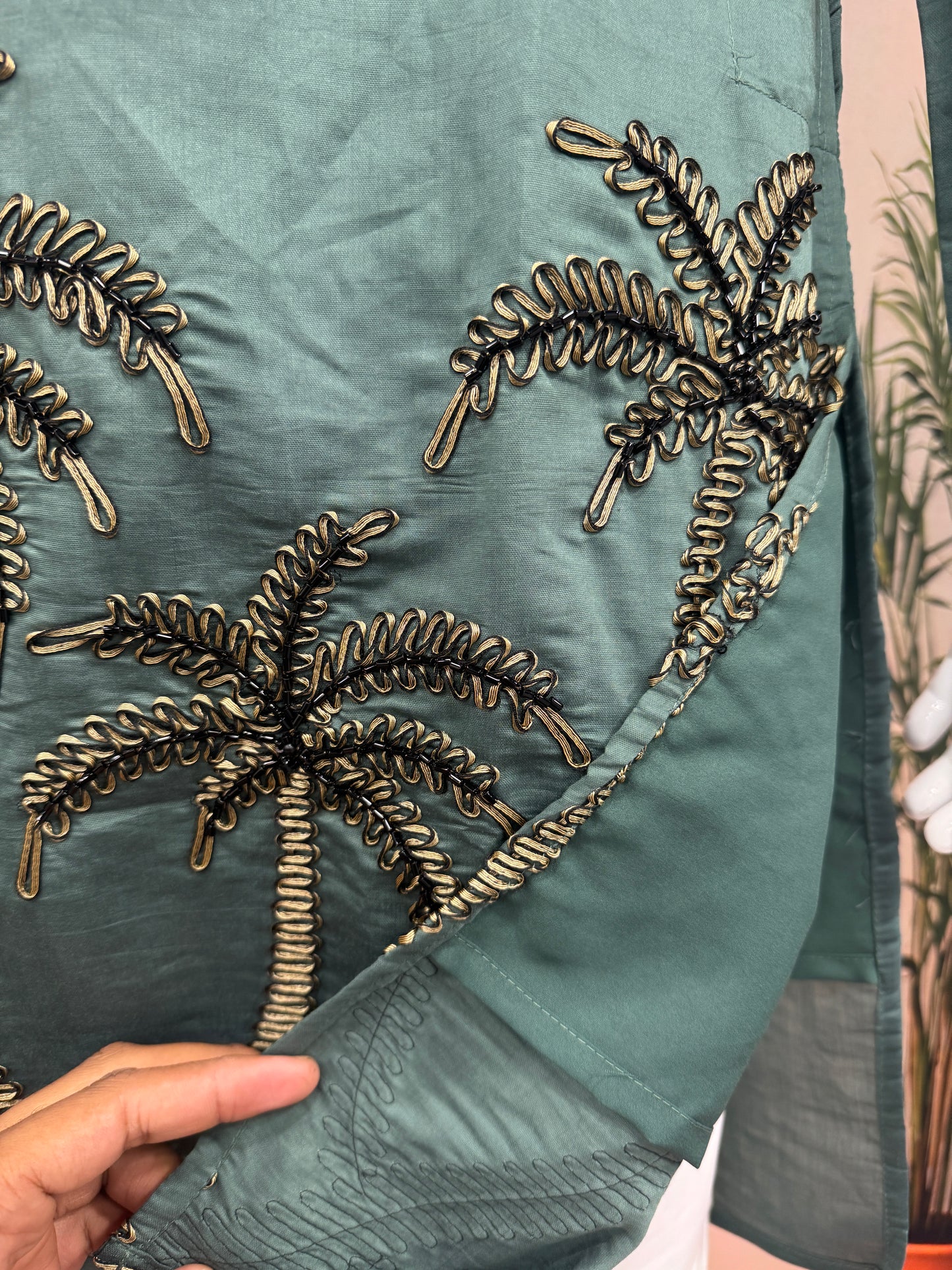 Premium Teal Green Men's Kurta | Embroidered Palm Tree Motif