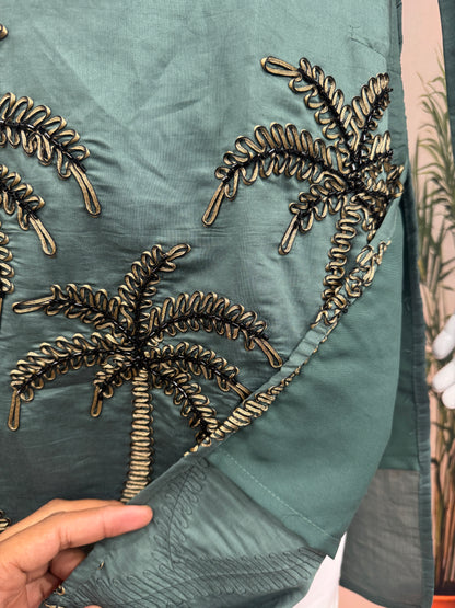 Premium Teal Green Men's Kurta | Embroidered Palm Tree Motif