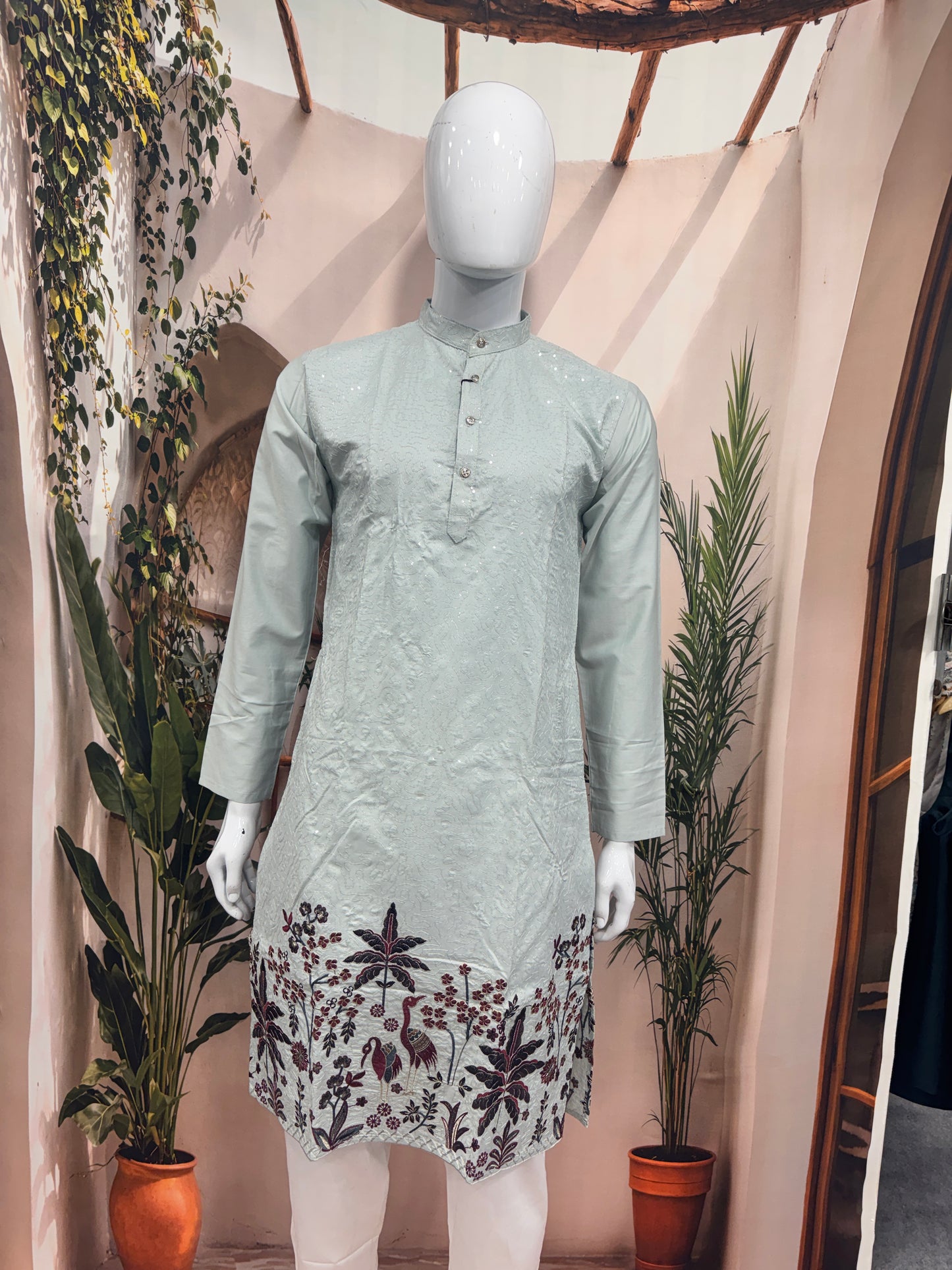 Elegant Ice Blue Men's Kurta with Floral Hem Embroidery | Premium Ethnic Wear