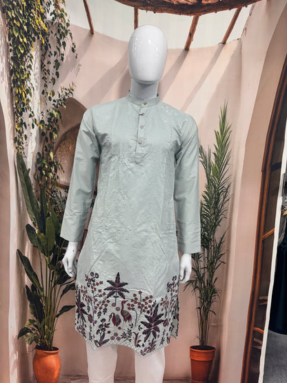 Elegant Ice Blue Men's Kurta with Floral Hem Embroidery | Premium Ethnic Wear