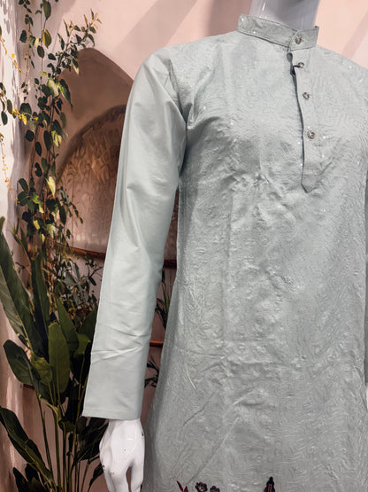 Elegant Ice Blue Men's Kurta with Floral Hem Embroidery | Premium Ethnic Wear