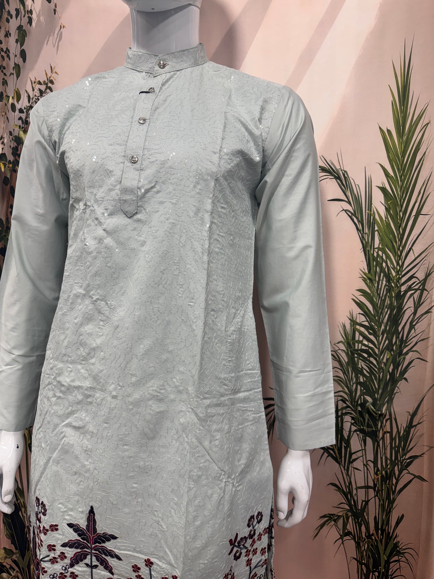 Elegant Ice Blue Men's Kurta with Floral Hem Embroidery | Premium Ethnic Wear