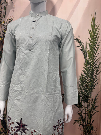 Elegant Ice Blue Men's Kurta with Floral Hem Embroidery | Premium Ethnic Wear