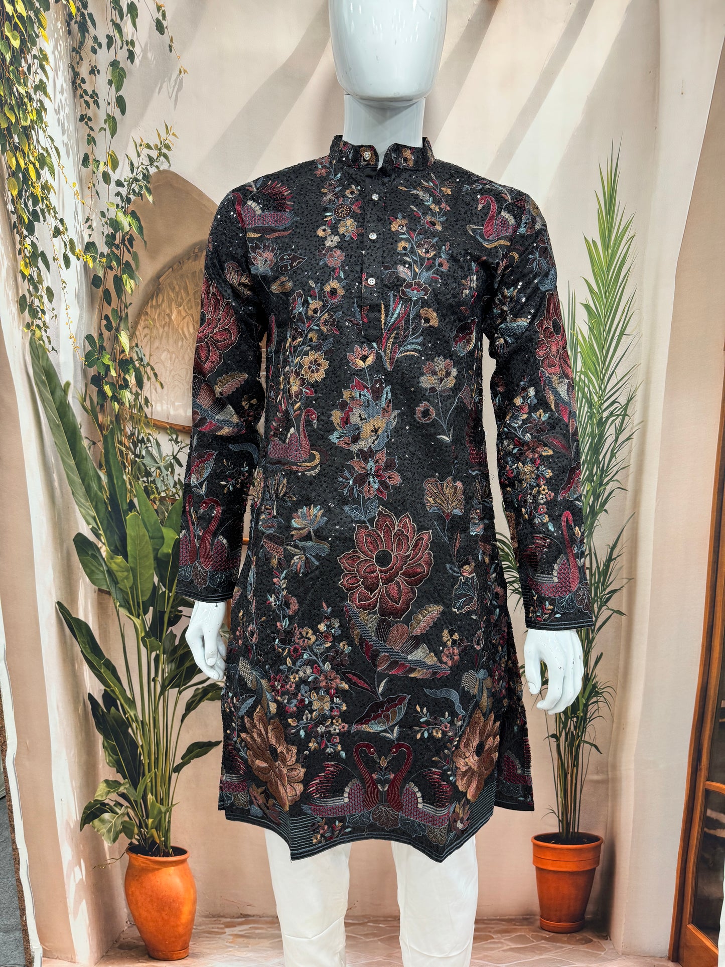 Midnight Black Heavily Embroidered Men's Kurta | Premium Floral & Swan Motifs