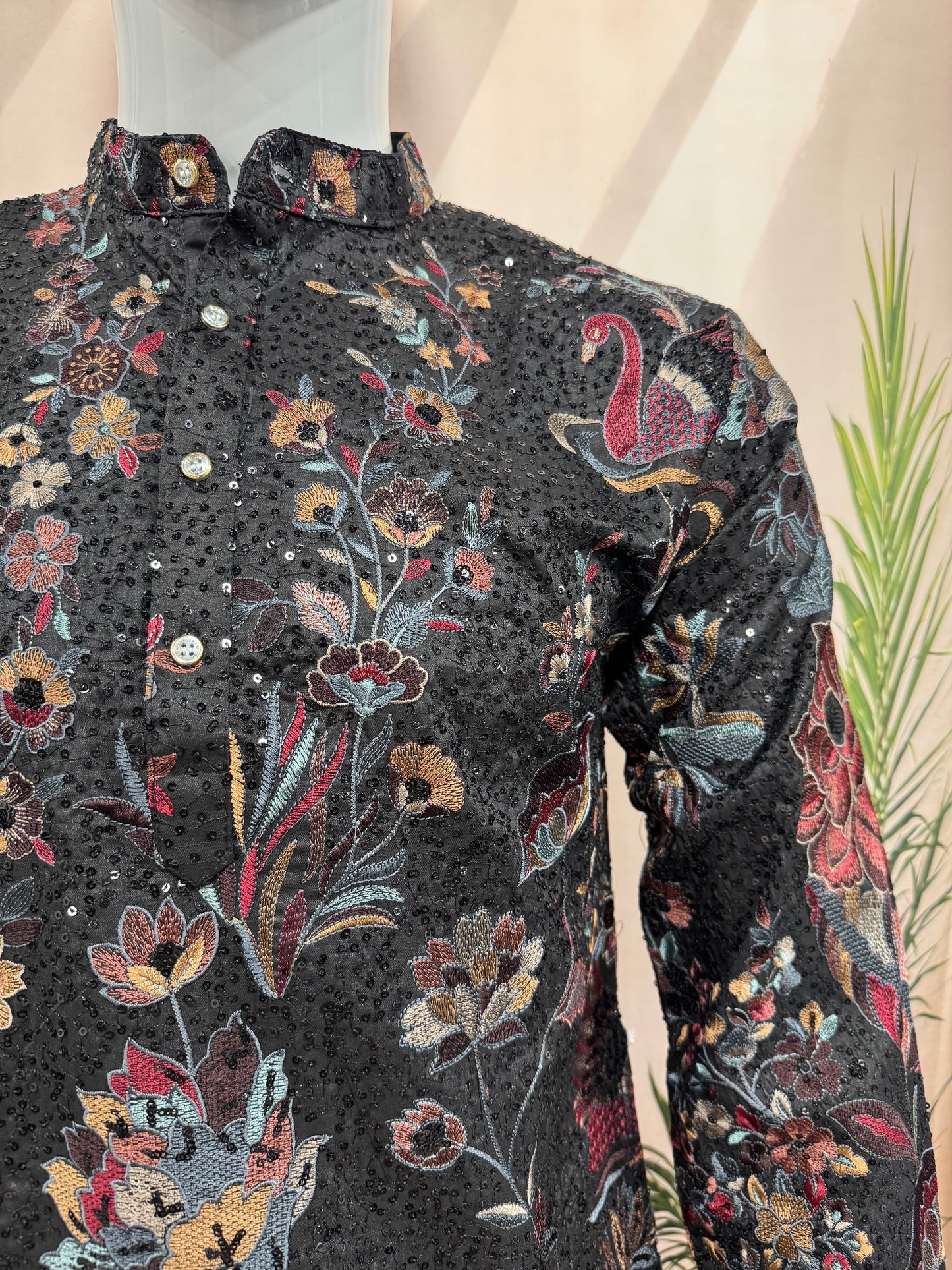 Midnight Black Heavily Embroidered Men's Kurta | Premium Floral & Swan Motifs
