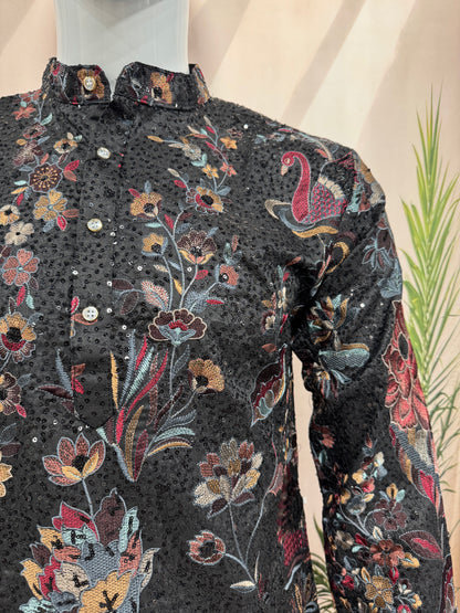 Midnight Black Heavily Embroidered Men's Kurta | Premium Floral & Swan Motifs