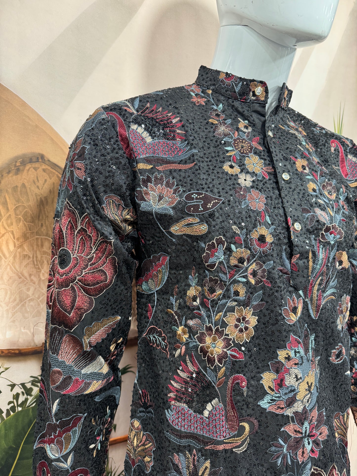 Midnight Black Heavily Embroidered Men's Kurta | Premium Floral & Swan Motifs