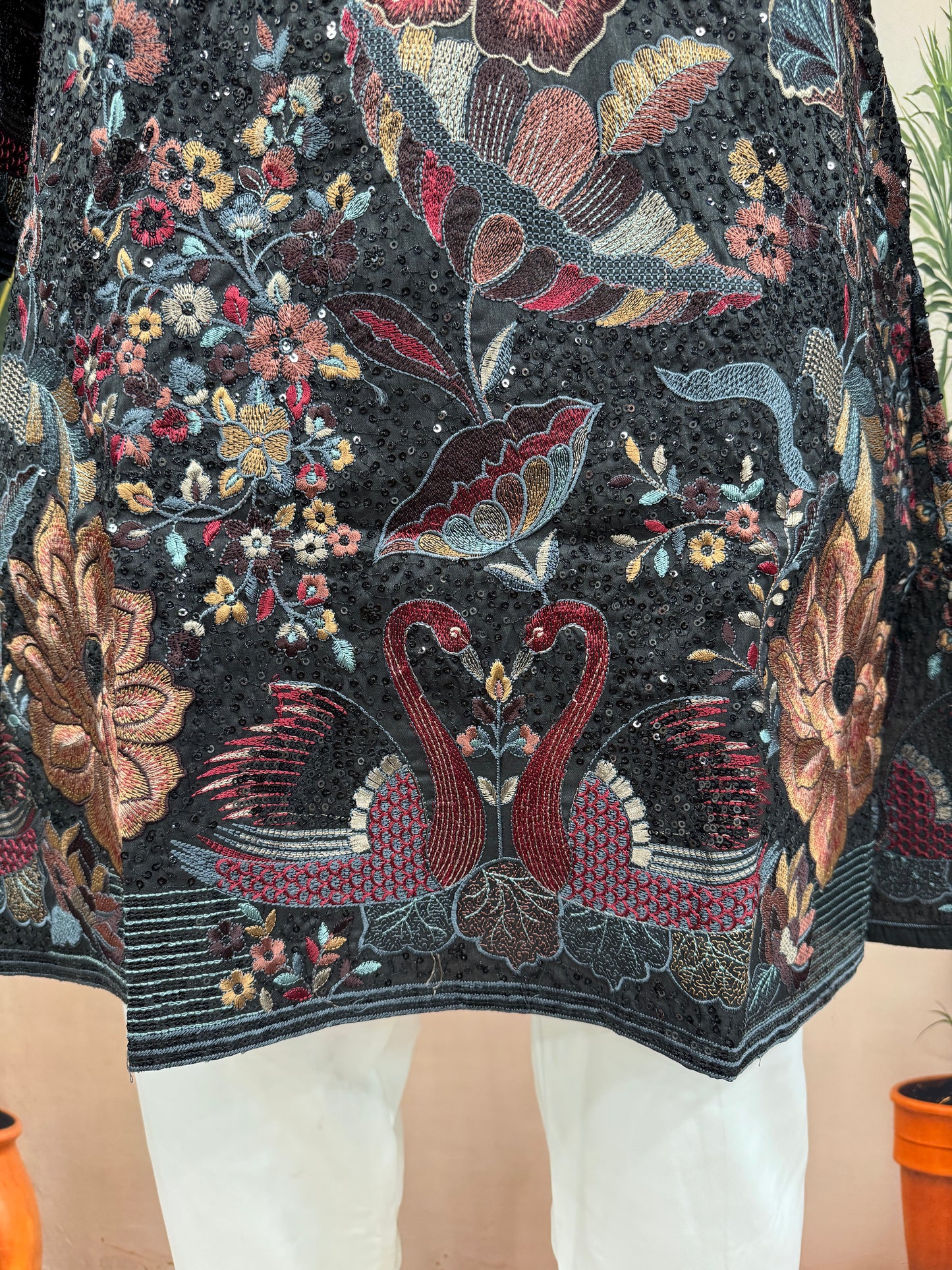 Midnight Black Heavily Embroidered Men's Kurta | Premium Floral & Swan Motifs
