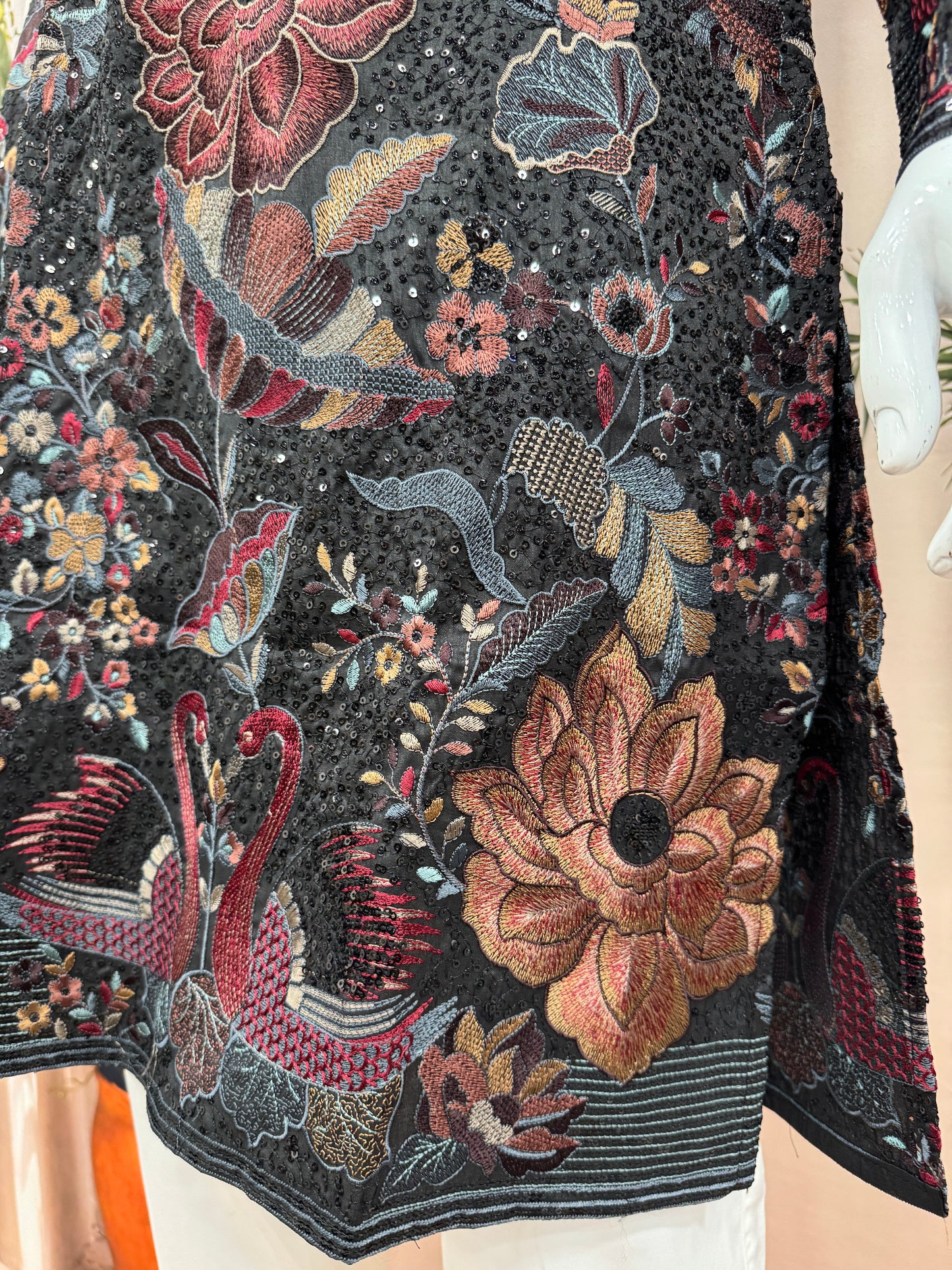 Midnight Black Heavily Embroidered Men's Kurta | Premium Floral & Swan Motifs