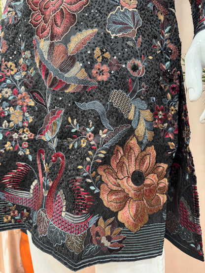 Midnight Black Heavily Embroidered Men's Kurta | Premium Floral & Swan Motifs