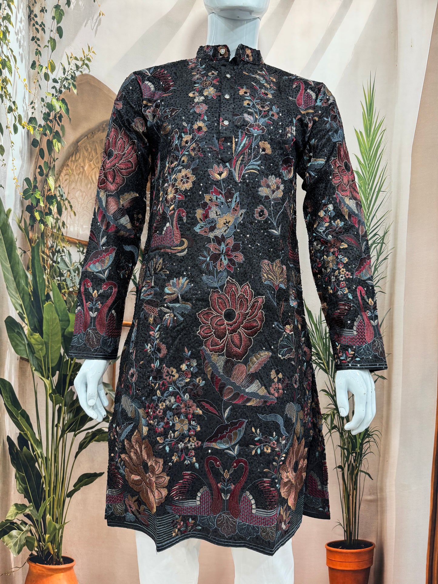 Midnight Black Heavily Embroidered Men's Kurta | Premium Floral & Swan Motifs
