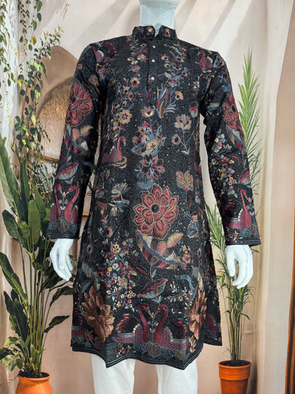 Midnight Black Heavily Embroidered Men's Kurta | Premium Floral & Swan Motifs