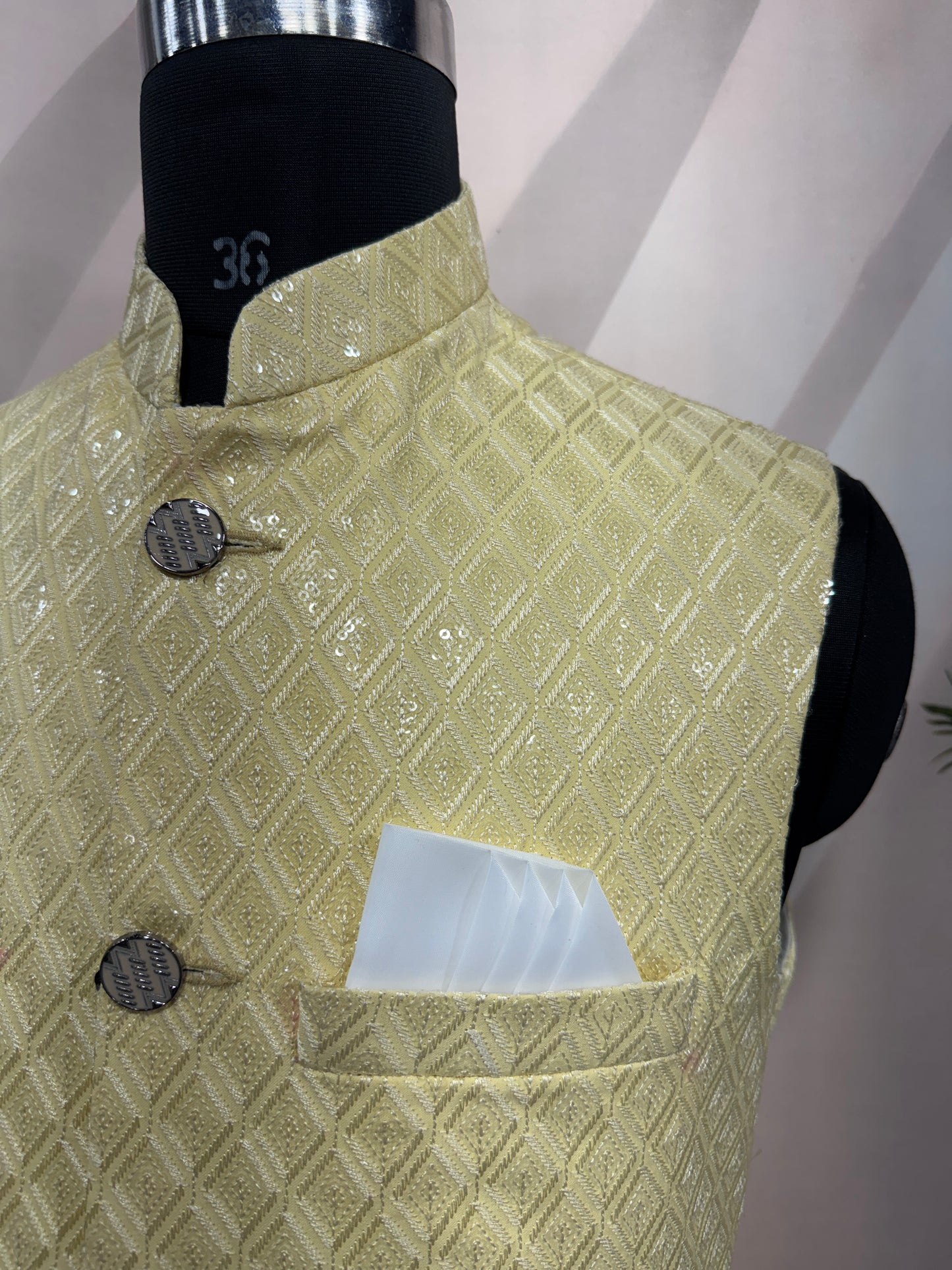 Premium Lemon Yellow Men's Koti | Geometric Diamond Pattern Nehru Jacket