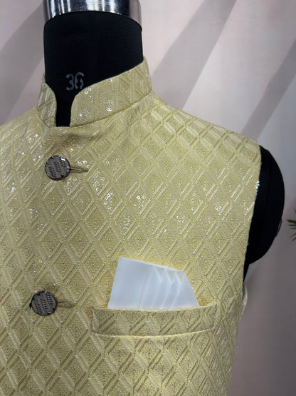 Premium Lemon Yellow Men's Koti | Geometric Diamond Pattern Nehru Jacket