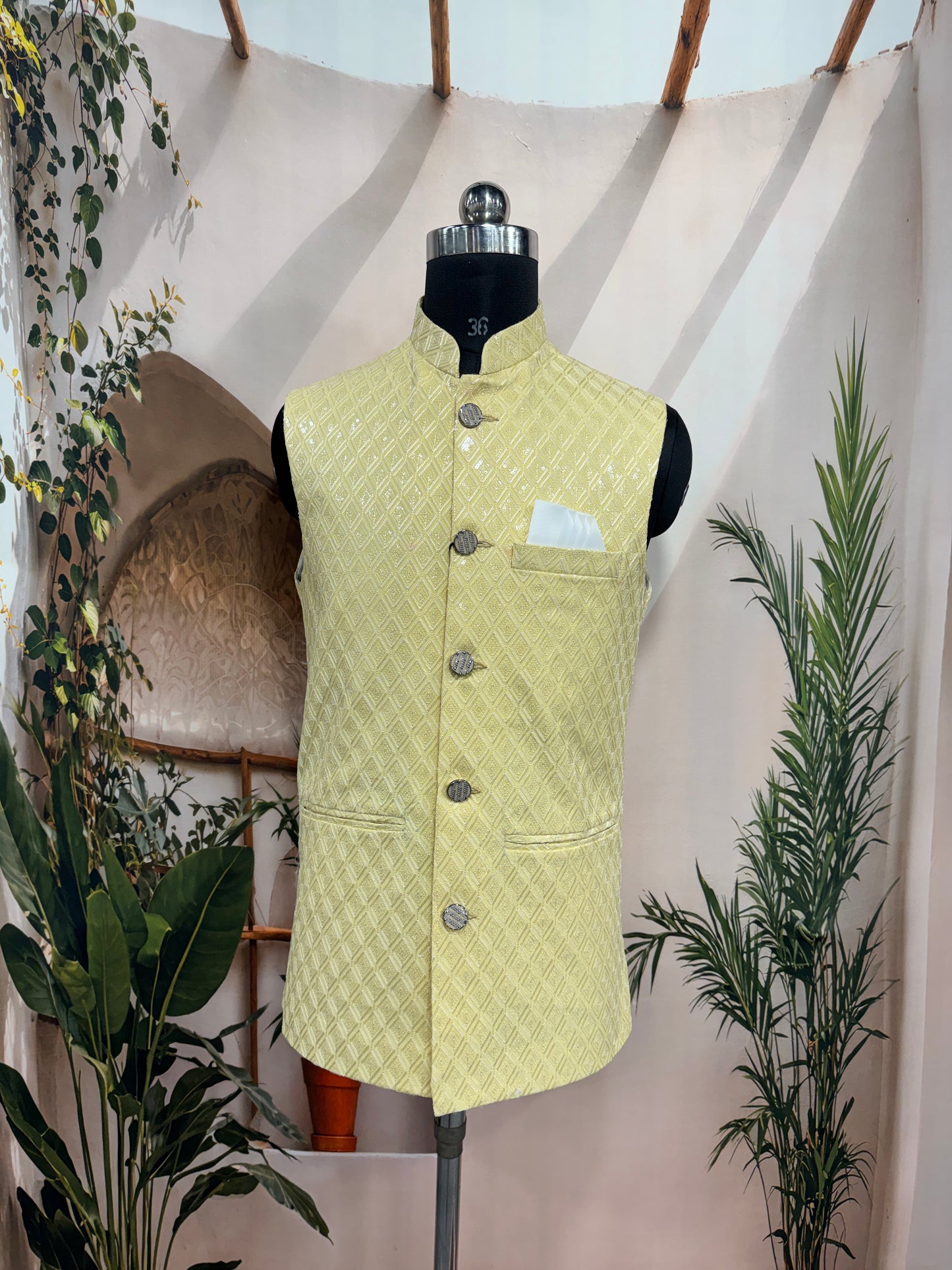Premium Lemon Yellow Men's Koti | Geometric Diamond Pattern Nehru Jacket
