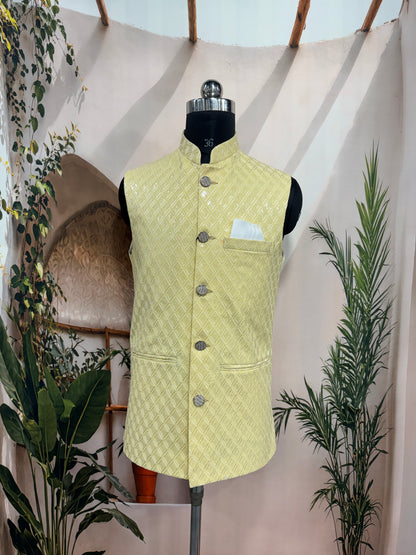 Premium Lemon Yellow Men's Koti | Geometric Diamond Pattern Nehru Jacket