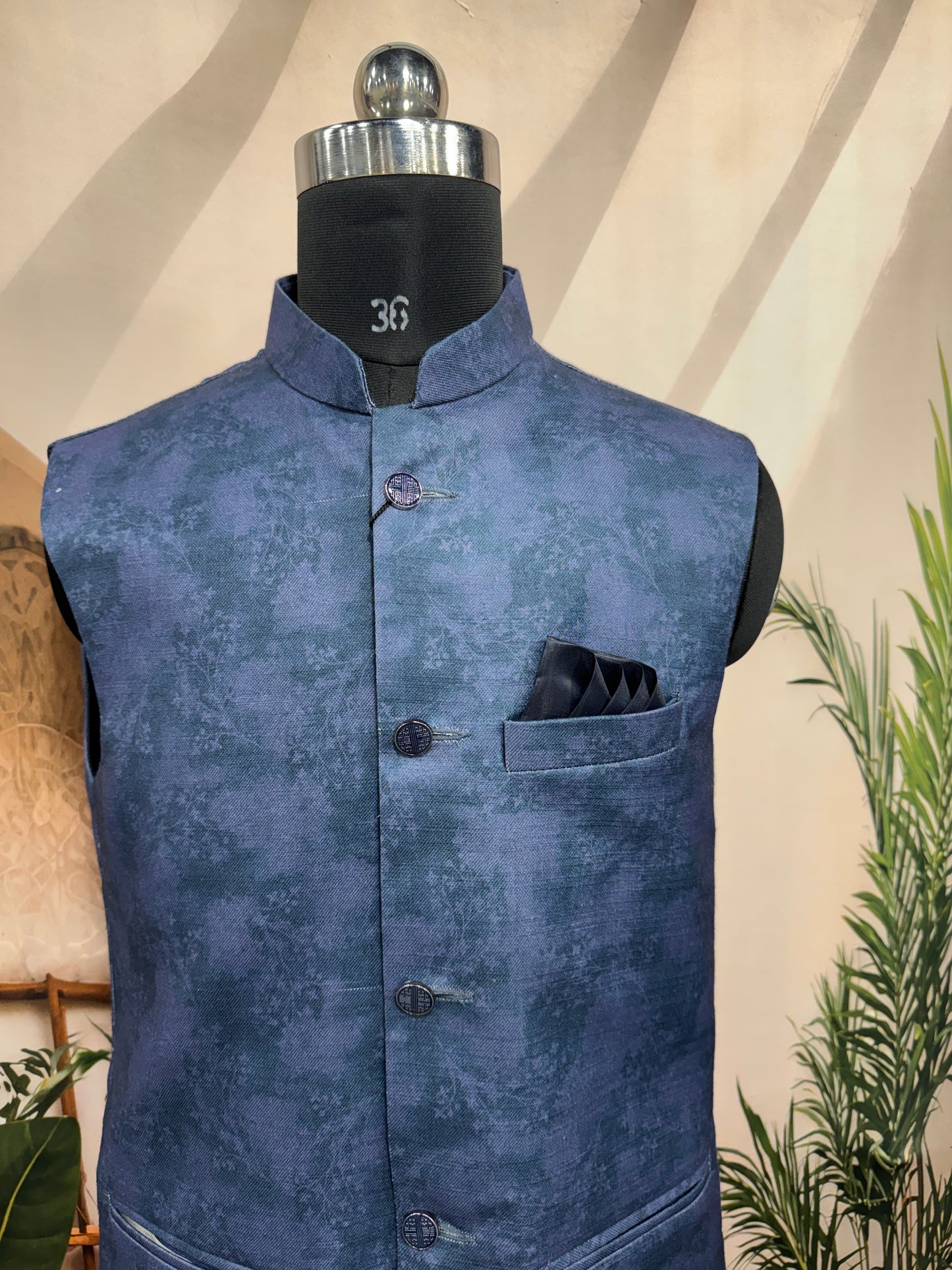 Premium Navy Blue Textured Men's Koti | Modern Abstract Marble Nehru Jacket