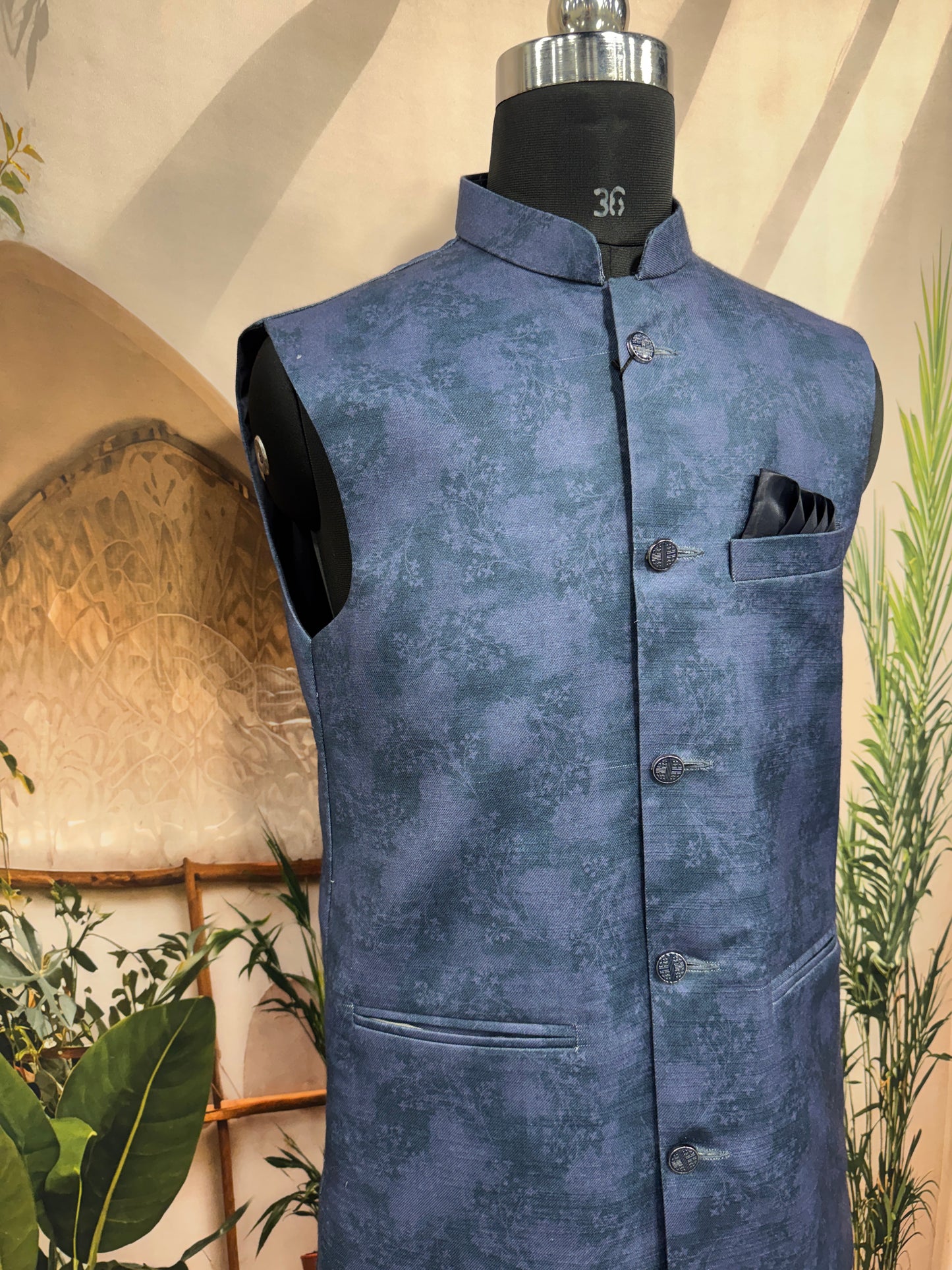 Premium Navy Blue Textured Men's Koti | Modern Abstract Marble Nehru Jacket