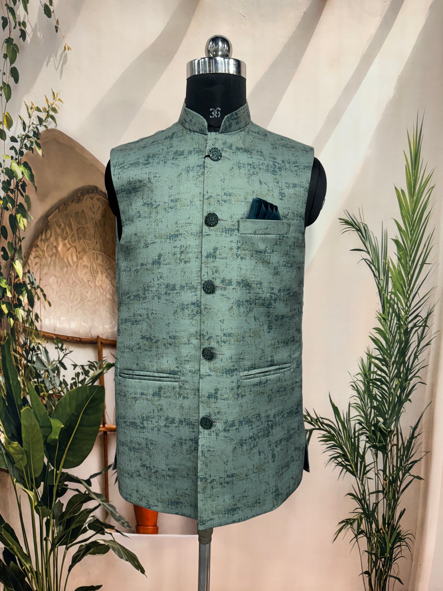 Premium Sage Green Textured Men's Koti | Modern Abstract Brushstroke Nehru Jacket