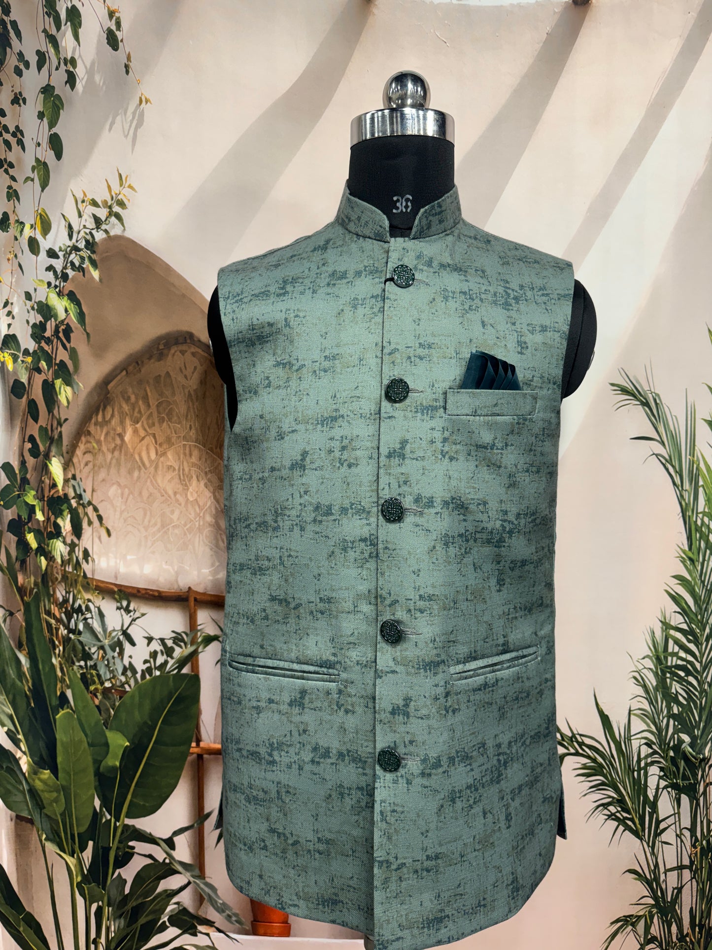 Premium Sage Green Textured Men's Koti | Modern Abstract Brushstroke Nehru Jacket