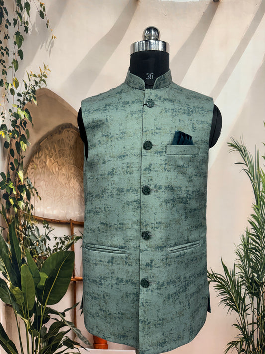 Premium Sage Green Textured Men's Koti | Modern Abstract Brushstroke Nehru Jacket