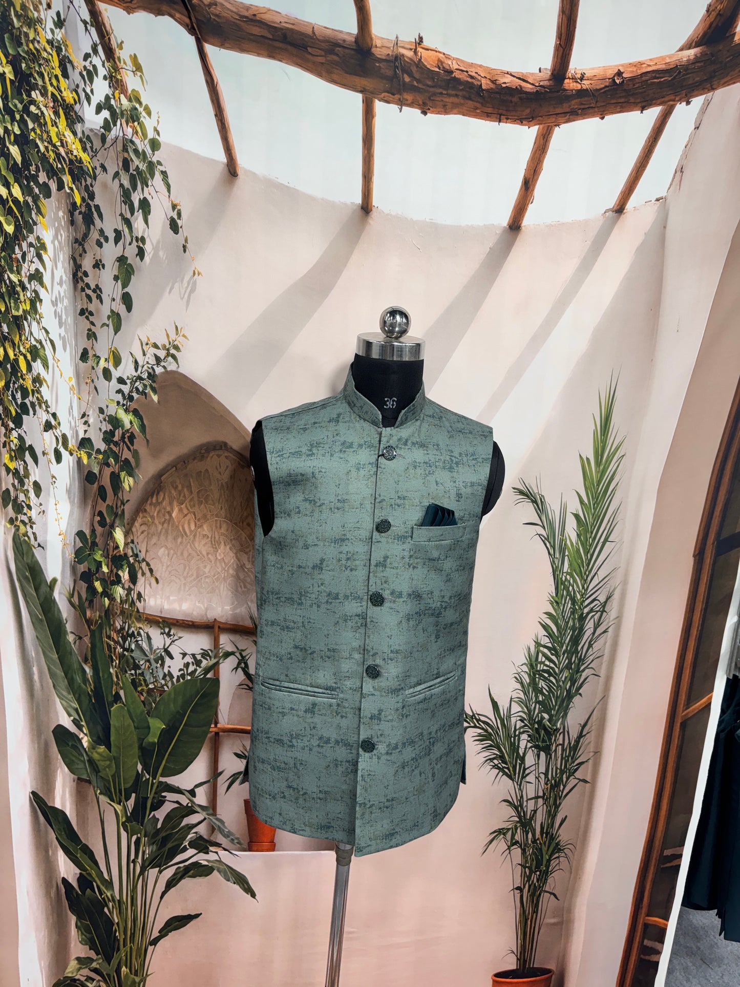 Premium Sage Green Textured Men's Koti | Modern Abstract Brushstroke Nehru Jacket