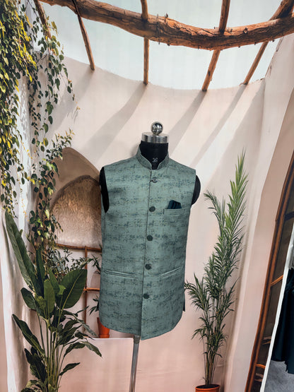Premium Sage Green Textured Men's Koti | Modern Abstract Brushstroke Nehru Jacket