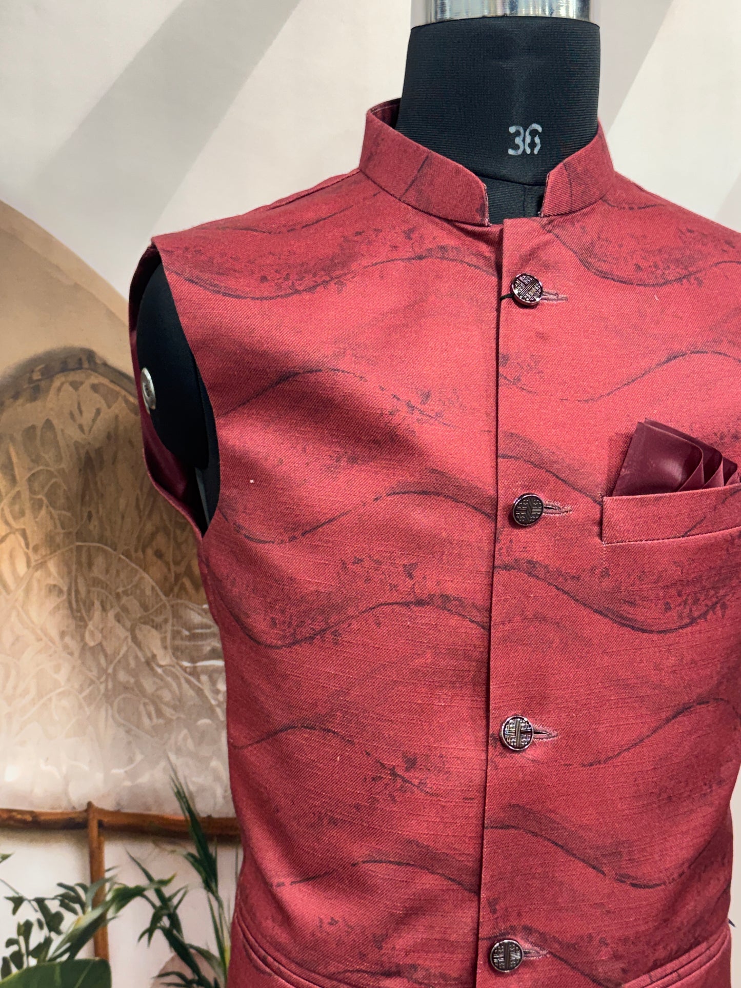 Premium Deep Maroon Textured Men's Koti | Modern Abstract Wavy Nehru Jacket